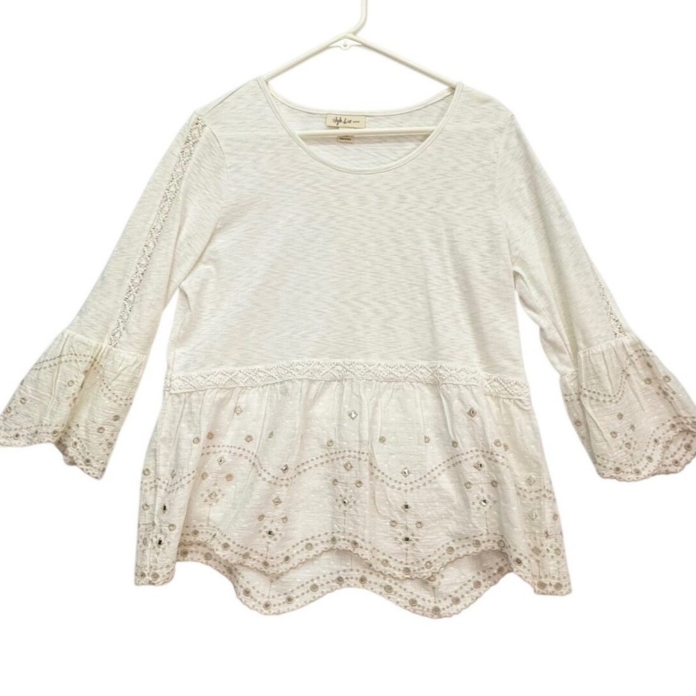 Style & Co Peplum Top Women PL Cream Eyelet Embroidered‎ Bell Sleeve Boho Petite